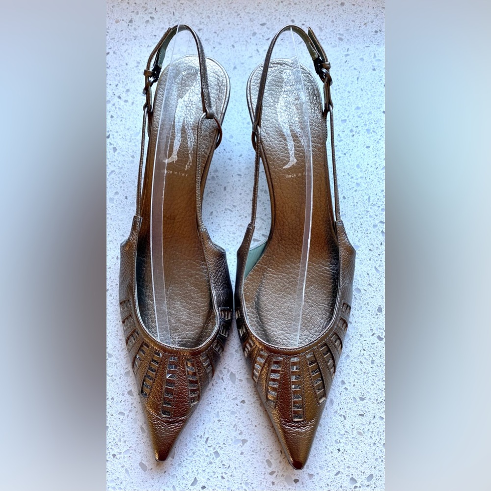 Sigerson Morrison Metallic Taupe Cutout Kitten Slingback Heel, Size 10